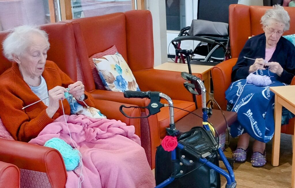 Two elderly women are knitting while sitting in red armchairs with blankets. A walking frame adorned with a pink flower is in the foreground.